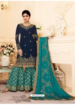 Navy And Mint Real Georgette Embroidered Designer Sharara Suit