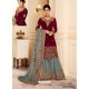 Maroon And Grey Real Georgette Embroidered Designer Sharara Suit