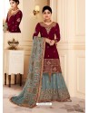 Maroon And Grey Real Georgette Embroidered Designer Sharara Suit