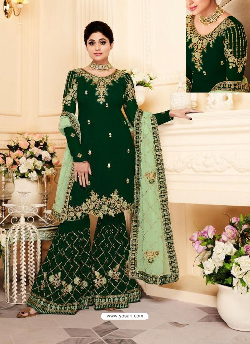 Buy Dark Green Real Georgette Embroidered Designer Sharara Suit Palazzo Salwar Suits 