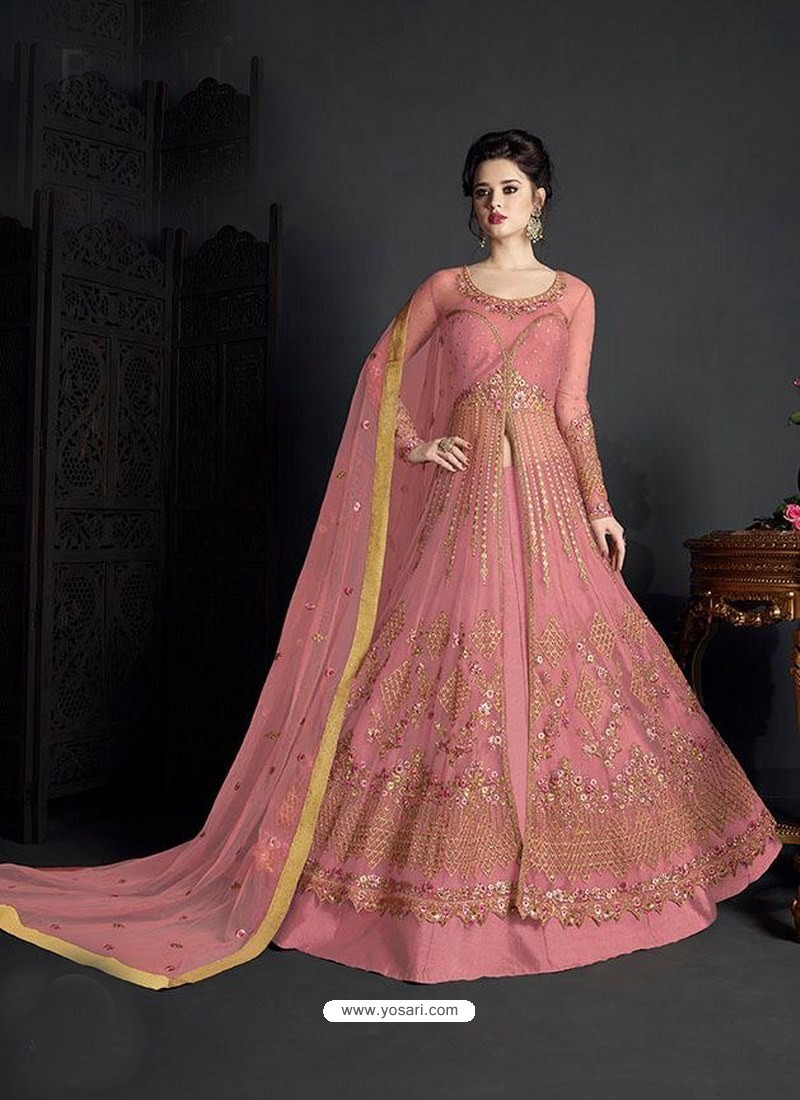 Buy Peach Net Heavy Embroidered Anarkali Suit | Anarkali Suits