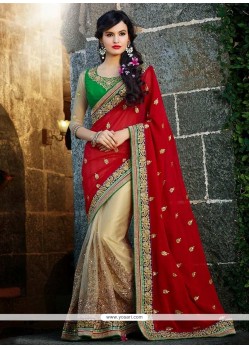 Beige And Red Georgette Half And Half Saree