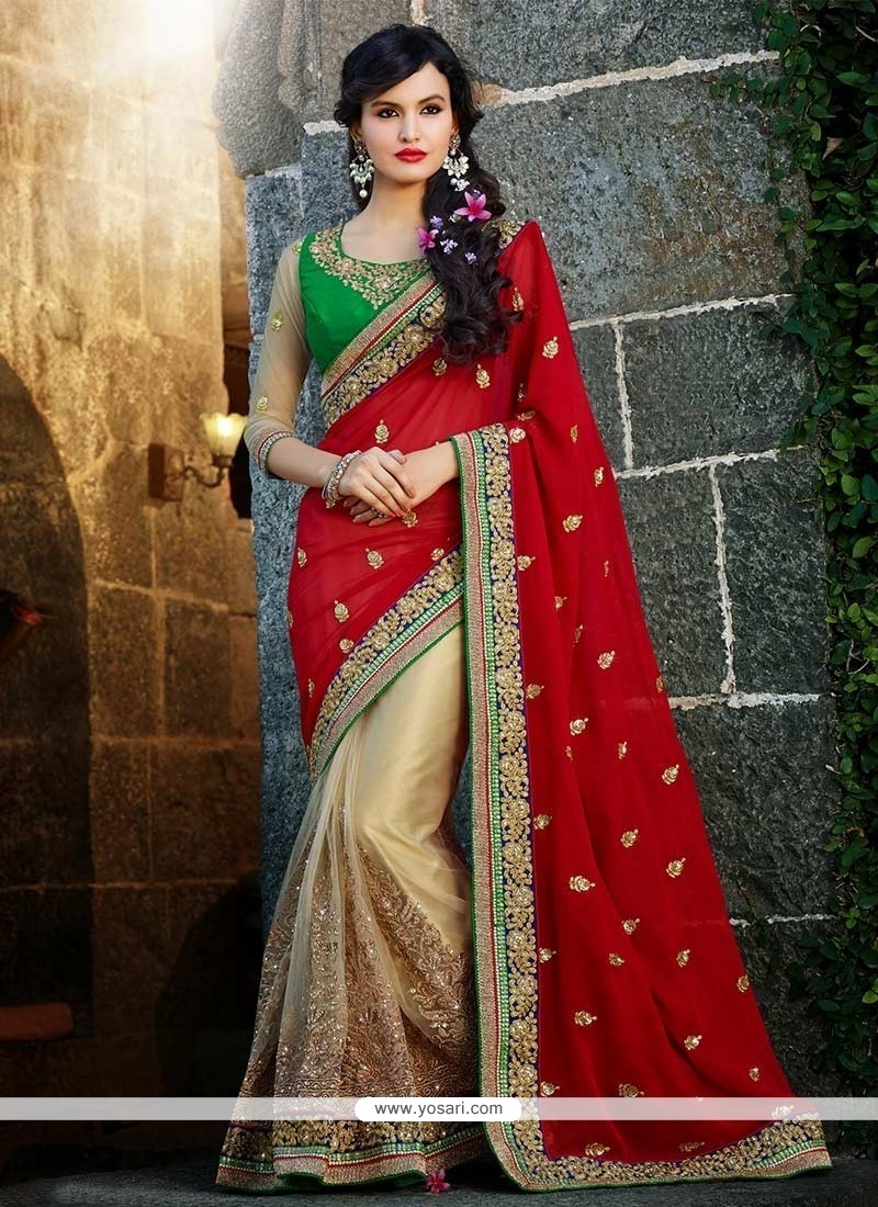 Beige And Red Georgette Half And Half Saree