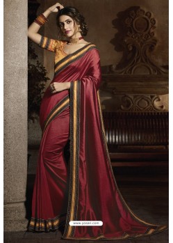 Wine Silk Designer Embroidered Saree