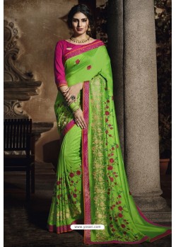 Parrot Green Silk Designer Embroidered Saree