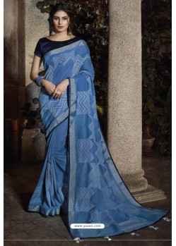 Blue Silk Designer Embroidered Saree