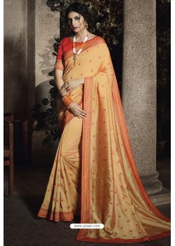 Orange Silk Designer Embroidered Saree