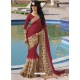 Rose Red And Beige Chiffon Designer Embroidered Saree