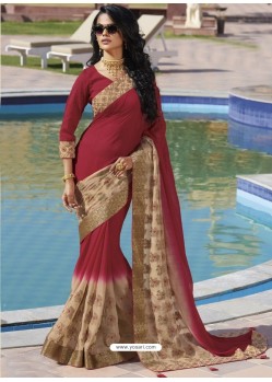 Rose Red And Beige Chiffon Designer Embroidered Saree