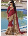 Rose Red And Beige Chiffon Designer Embroidered Saree