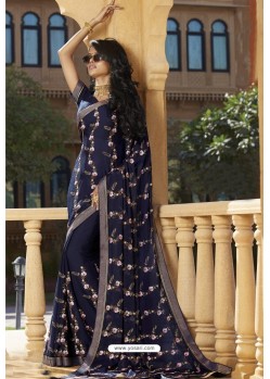 Navy Blue Chiffon Designer Embroidered Saree