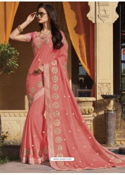 Peach Chiffon Designer Embroidered Saree