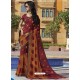 Perfect Maroon And Brown Chiffon Designer Embroidered Saree