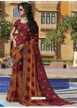 Perfect Maroon And Brown Chiffon Designer Embroidered Saree