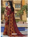 Perfect Maroon And Brown Chiffon Designer Embroidered Saree