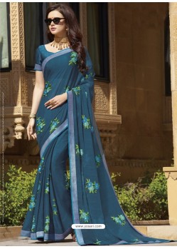 Teal Blue Chiffon Designer Embroidered Saree