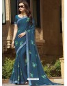 Teal Blue Chiffon Designer Embroidered Saree