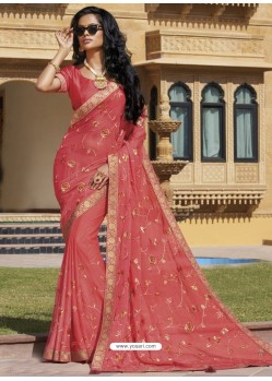 Crimson Chiffon Designer Embroidered Saree