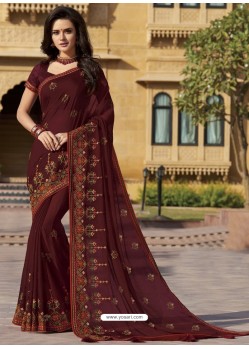 Coffee Chiffon Designer Embroidered Saree