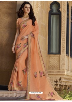 Light Orange Chiffon Designer Embroidered Saree