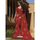 Red Chiffon Designer Embroidered Saree