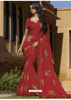 Red Chiffon Designer Embroidered Saree