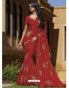 Red Chiffon Designer Embroidered Saree