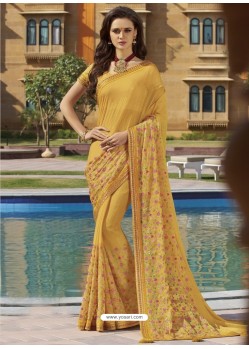 Yellow Chiffon Designer Embroidered Saree