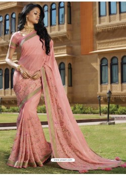 Pink Chiffon Designer Embroidered Saree