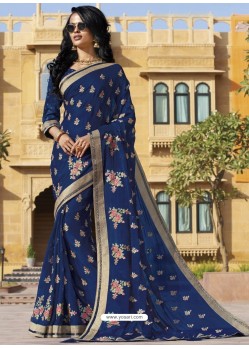 Peacock Blue Chiffon Designer Embroidered Saree