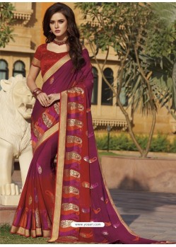 Purple And Red Chiffon Designer Embroidered Saree