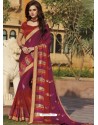 Purple And Red Chiffon Designer Embroidered Saree