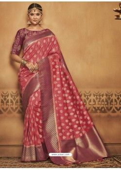 Rose Red Silk Jacquard Worked Party Wear Saree