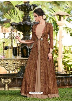 Brown Linen Embroidered Designer Gown