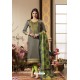 Dull Grey And Green Pure Jam Silk Cotton Straight Suit