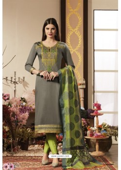 Dull Grey And Green Pure Jam Silk Cotton Straight Suit