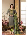 Dull Grey And Green Pure Jam Silk Cotton Straight Suit