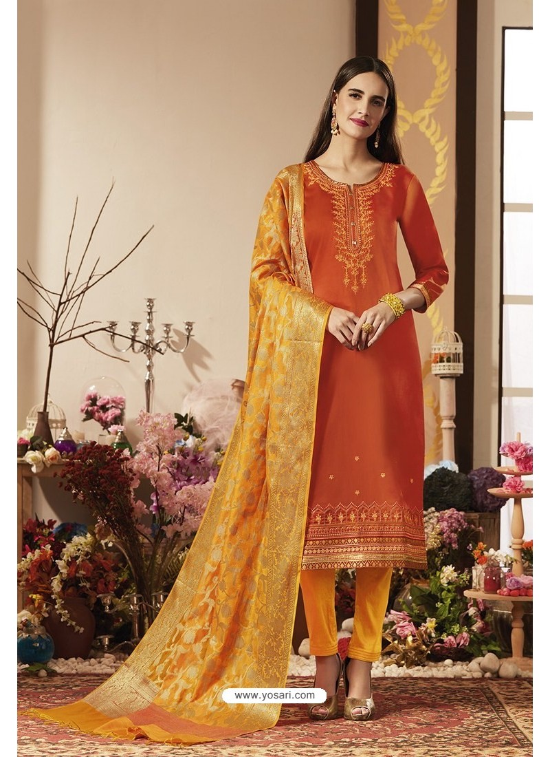 Buy Orange And Yellow Pure Jam Silk Cotton Straight Suit | Straight ...