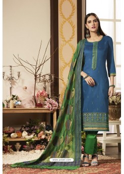 Peacock Blue And Green Pure Jam Silk Cotton Straight Suit