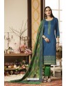 Peacock Blue And Green Pure Jam Silk Cotton Straight Suit