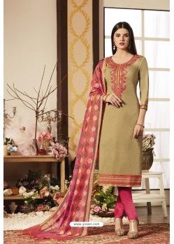 Beige And Pink Pure Jam Silk Cotton Straight Suit