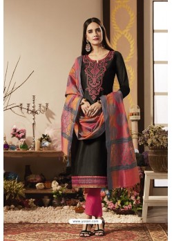 Black And Pink Pure Jam Silk Cotton Straight Suit