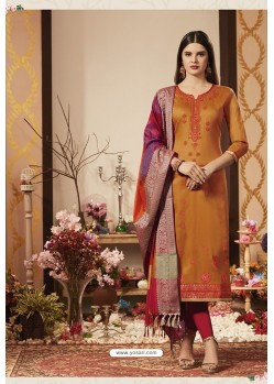 Mustard And Red Pure Jam Silk Cotton Straight Suit