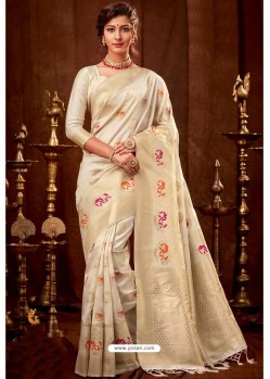 Off White Silk Embroidered Party Wear Saree