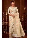 Off White Silk Embroidered Party Wear Saree