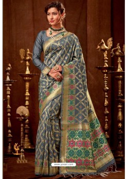 Grey Silk Embroidered Party Wear Saree