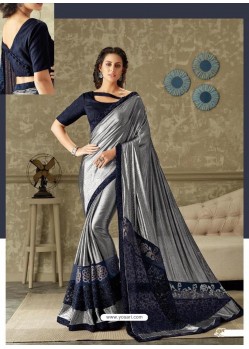 Silver And Blue Lycra Fancy Net Party Wear Saree