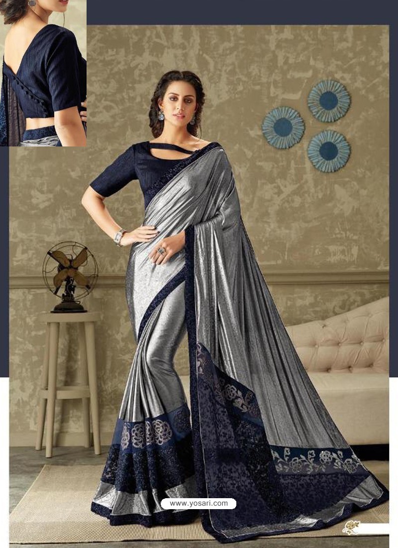 Buy Silver And Blue Lycra Fancy Net Party Wear Saree | Party Wear Sarees