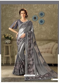 Grey Lycra Jewel Lace Party Wear Saree