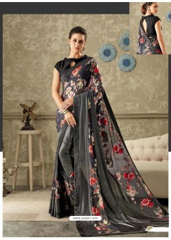 Black And Carbon Lycra Party Flora Print Wear Saree